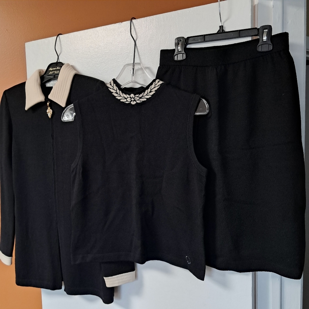St. John Collection Black & Cream Jacket, Top & Skirt Set
